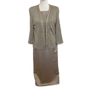 Alex Evenings Silver Taupe Formal Long Maxi Dress w/ Cardigan Metallic Shimmer 1